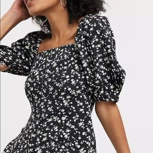 & other stories floral print button through mini dress in black size medium